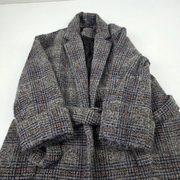 Zara Woman Coat Womens XL Gray Glen Plaid Belted Wrap Wool Alpaca Mohair Blend - Picture 3 of 15